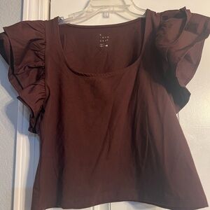 Brown Ruffle Cropped Sleeve Top-NWT